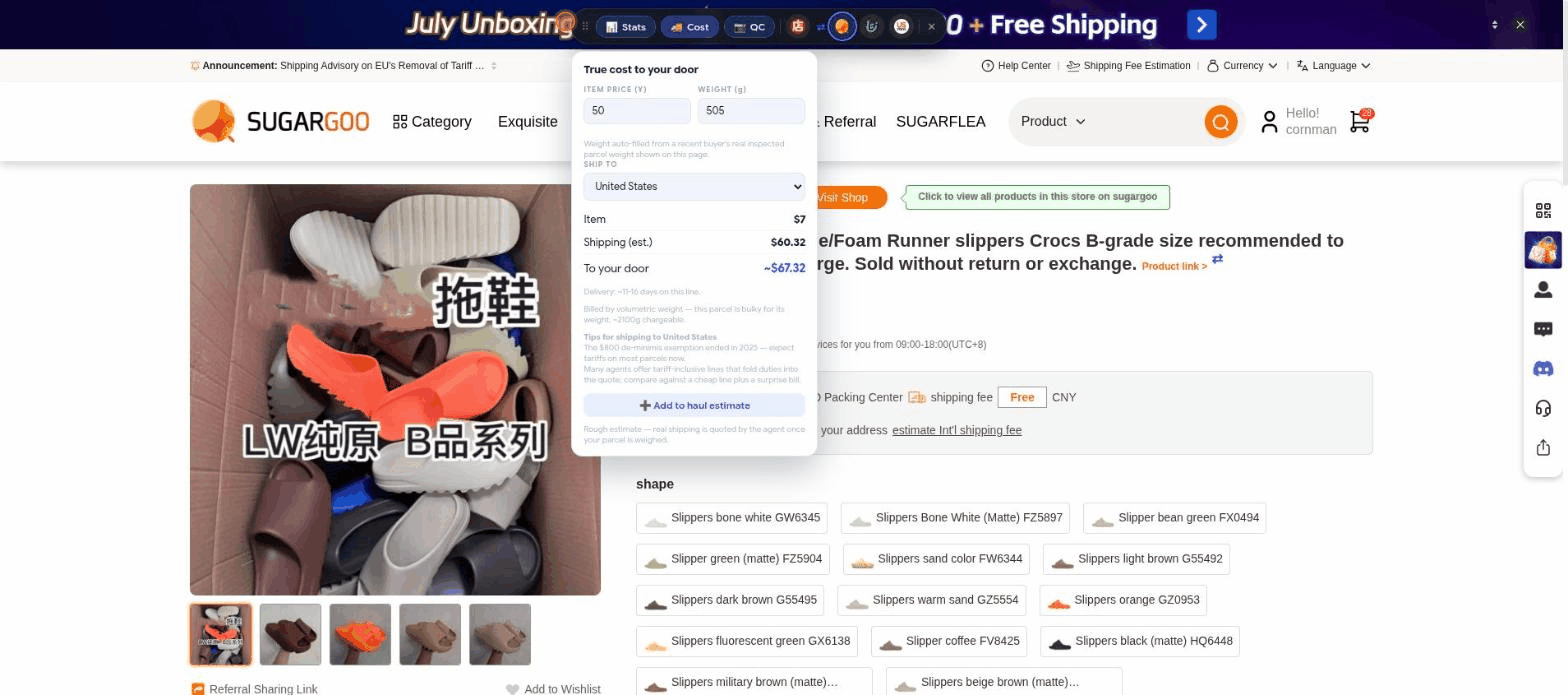 OpenShip's floating toolbar on a product page, showing a true landed-cost breakdown that includes volumetric-weight shipping and delivery time